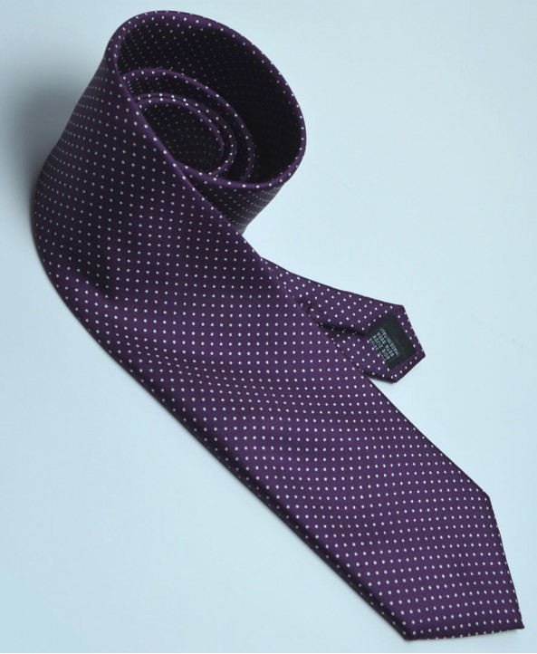 Fine Silk Spotted Tie with White Pin Dots on Aubergine